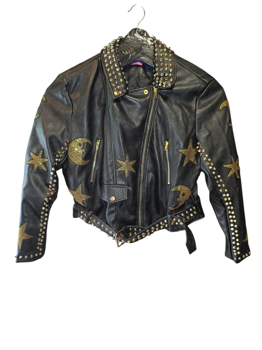 Azalba  Wang Black Leather Studded Biker Jacket with Gold Stars W 1x